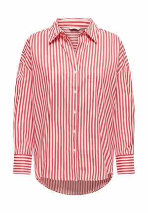 Red and white vertically striped button-up shirt with long sleeves and a pointed collar, featuring horizontally striped cuffs.