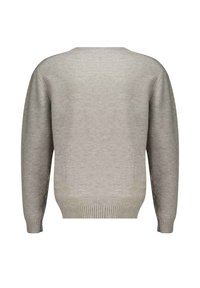 Pull en gris avec un col rond et des manches longues. Texture tricotée et ourlet côtelé. Surface lisse, design simple, sans motifs ni ornements.