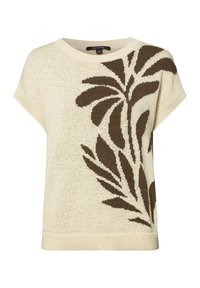 Gebreid crèmekleurig sweater met korte mouwen en een gestructureerd oppervlak, met een donkerbruin bladerenpatroon aan de voorkant. Relaxte pasvorm met een ronde hals.