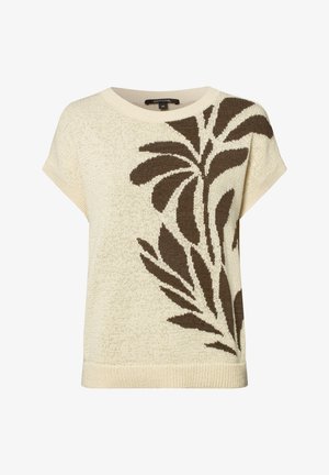 Gestrickter cremefarbener Pullover mit kurzen Ärmeln und einer strukturierten Oberfläche, der ein dunkelbraunes Blättermuster auf der Vorderseite aufweist. Lockerer Schnitt mit rundem Halsausschnitt.