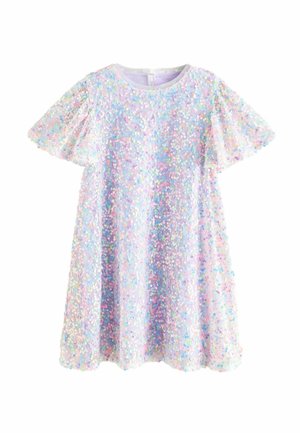 Glitrende kjole med rund halsudskæring, korte puffærmer, lavet af palietstof i pastelfarver, med en afslappet A-formet silhuet.