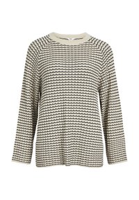 Crème- en zwart gestreepte gebreide trui met lange mouwen, een ronde halslijn en een subtiel textuurpatroon.