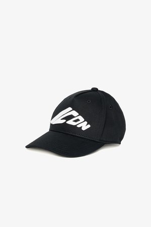 Black baseball cap made of fabric, featuring a white logo on the front, a curved brim, and eyelet ventilation holes on the sides.