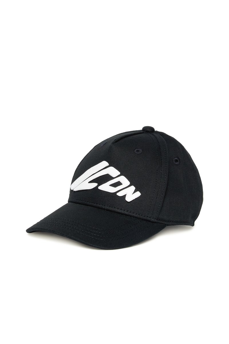Black baseball cap made of fabric, featuring a white logo on the front, a curved brim, and eyelet ventilation holes on the sides.
