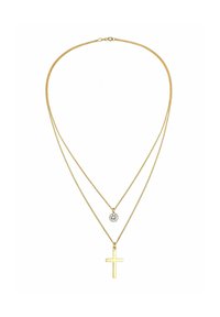 Collana d'oro a due strati: uno presenta un pendente a cristallo circolare, l'altro ha un semplice pendente a croce. Finitura liscia e lucida.