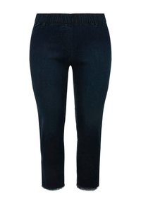 Pantaloni capri in denim scuro con vita elastica, taglio dritto, orlo sfrangiato e un leggero effetto sbiadito.