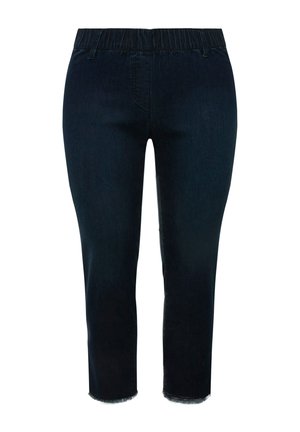 Pantaloni capri in denim scuro con vita elastica, taglio dritto, orlo sfrangiato e un leggero effetto sbiadito.