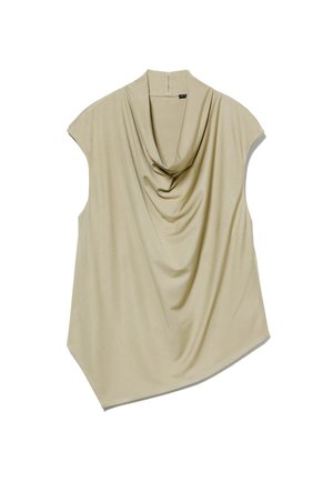 Top sans manches écru avec un col drapé, en tissu léger, à ourlet asymétrique et texture lisse. Pas de boutons ni de fermetures visibles.