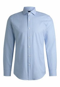 Niebieska koszula w kratę z długim rękawem, wykonana z tkaniny tkanej, z kołnierzykiem zapinanym na guziki oraz guzikami z przodu, o dopasowanym kroju i gładkiej fakturze.