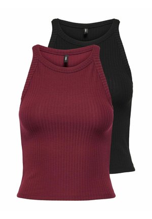 Deux crop tops sans manches côtelés, l'un rouge foncé à l'avant et l'autre noir partiellement visible derrière, tous deux avec des encolures rondes.