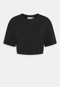 Czarny skrócony t-shirt wykonany z bawełny, z okrągłym dekoltem, krótkimi rękawami oraz prostym, czystym wzornictwem bez wzorów czy ozdób.