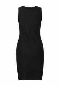 Schwarzes ärmelloses Kleid mit taillierter Form, aus elastischem Stoff gefertigt. Verfügt über einen runden Halsausschnitt und eine glatte Textur. Rückansicht dargestellt.