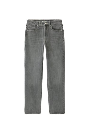 Jean en denim gris avec une coupe droite, dotés de cinq poches, de coutures discrètes et d'une fermeture classique à bouton et zip.