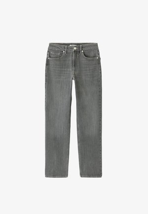 Jean en denim gris avec une coupe droite, dotés de cinq poches, de coutures discrètes et d'une fermeture classique à bouton et zip.