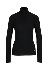 Schwarzer gerippter Rollkragenpullover, taillierte Passform mit langen �Ärmeln. Verfügt über ein Goldenes Hardware-Logo an der Taille, das einen Kontrast bildet.