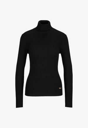 Schwarzer gerippter Rollkragenpullover, taillierte Passform mit langen Ärmeln. Verfügt über ein Goldenes Hardware-Logo an der Taille, das einen Kontrast bildet.