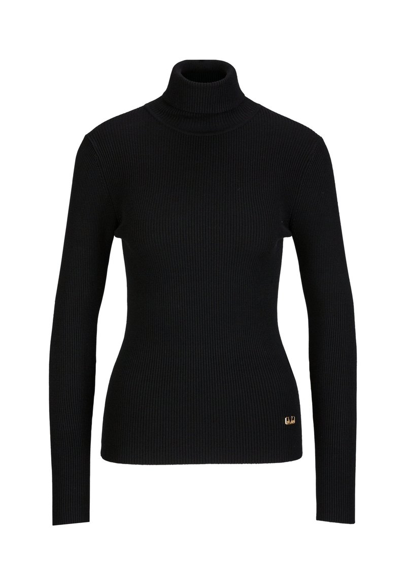 Schwarzer gerippter Rollkragenpullover, taillierte Passform mit langen Ärmeln. Verfügt über ein Goldenes Hardware-Logo an der Taille, das einen Kontrast bildet.