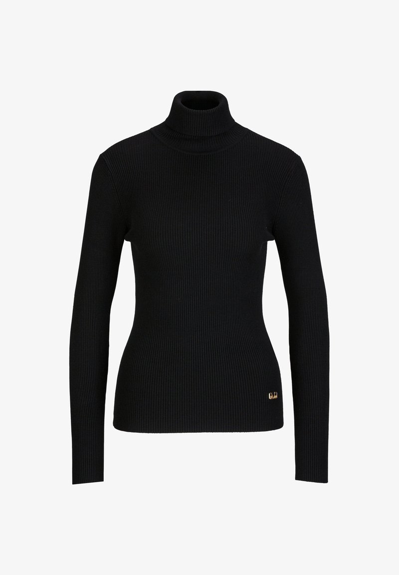 Black ribbed turtleneck sweater, fitted design with long sleeves. Features gold hardware logo at the waist, providing a contrast detail.