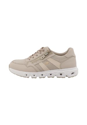 Beige Sportschuhe mit einem Obermaterial aus Mesh und synthetischem Material, ausgestattet mit einem seitlichen Reißverschluss, Schnürverschluss und einer weißen, strukturierten Außensohle.