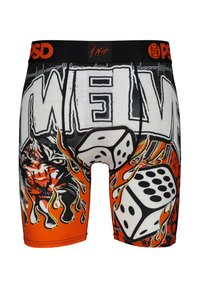 Men's boxer briefs featuring a black waistband with orange accents. The fabric displays a vibrant orange and black flame design, with dice and a tiger graphic.