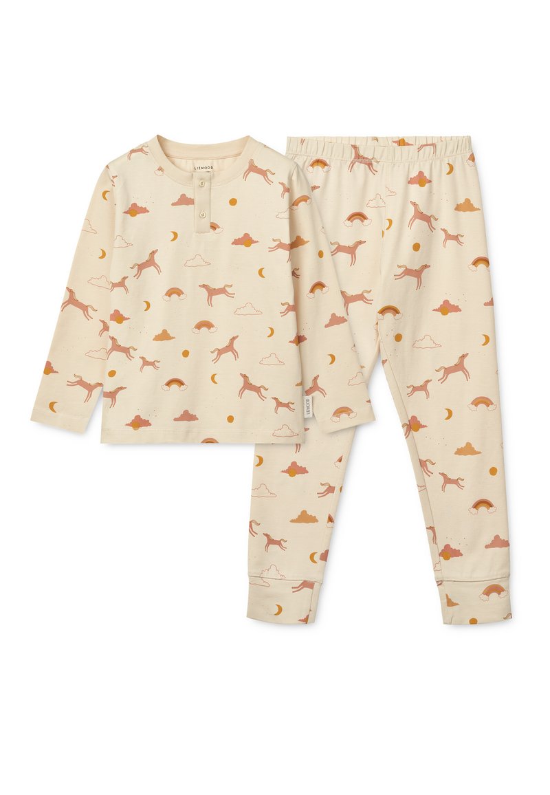 Set di pigiama composto da una maglietta beige e pantaloni coordinati, entrambi con un motivo vivace di cani, nuvole e arcobaleni in colori pastello.