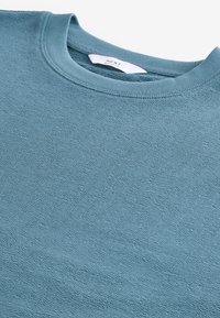 Felpa azzurro chiaro con texture e collo rotondo, realizzata in un tessuto morbido; presenta un delicato motivo a ondulazione e un'etichetta con la scritta "NEXT."