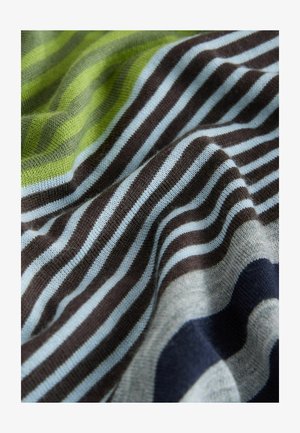 Knitted fabric featuring horizontal stripes in green, brown, light blue, and dark blue, with a soft texture and wavy pattern.