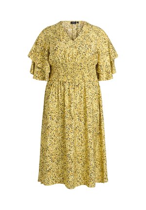 Gelbes Midikleid mit kleinem Blumenmuster, V-Ausschnitt, geraffter Taille und geschichteten Volantsärmeln.