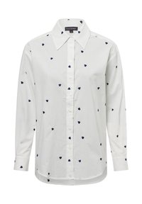 White long-sleeve shirt with a collared neckline, featuring navy blue heart-shaped embroidery motifs throughout and button closure.