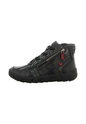 Black leather high-top sneakers with green and red accents, featuring a side zipper, lace-up closure, and textured rubber sole.