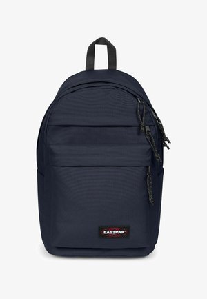 Dark blue Eastpak backpack with a front zip pocket, main compartment, and black handle loop at the top.