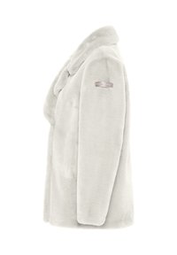Witte nepbontjas met een zachte textuur, lange mouwen en een sjawlcol. Voorzien van een metalen label op de bovenarm.