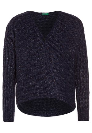 Cardigan en tricot bleu marine foncé avec un seul bouton noir, col en V, manches longues et un ourlet légèrement arrondi.