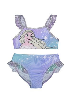 Zweiteiliger Mädchen-Badeanzug in helllila und blau mit einer Frozen-Figur mit fließendem Haar und silbernem Rüschensaum.