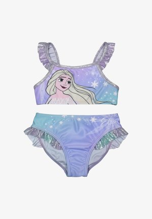 Costume da bagno a due pezzi per ragazze in viola chiaro e blu, con un personaggio di Frozen dai capelli fluenti e rifiniture argentate arricciate.
