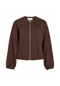 Pruun lukuga jakk ümarate kaelustega ja ülepaisutatud, õhuliste varrukatega. Valmistatud pehmest kangast, taljel soonilise äärega.