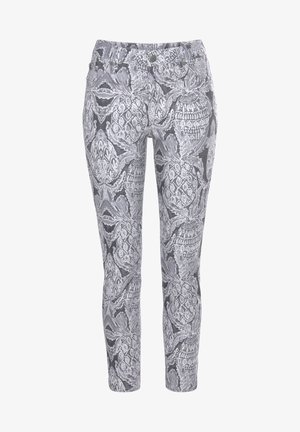 Grå bukser med ananasmotiv i hvid og mørkegrå, slim fit, frontlommer og metalknapdetaljer.