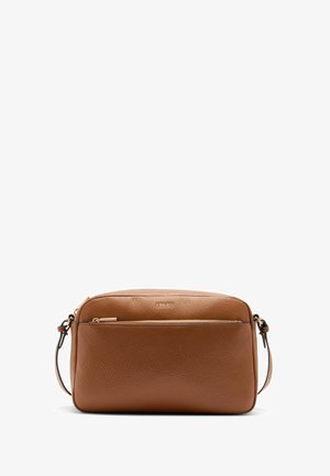 Brown leather crossbody bag with a textured finish, featuring a zippered front pocket and a detachable strap. Logo embossed on the front.