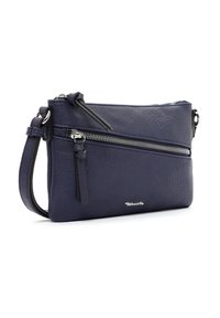 Borsa a tracolla in pelle blu navy con finitura testurizzata, una tasca frontale con zip e una tracolla removibile. Dettagli in metallo argentato.