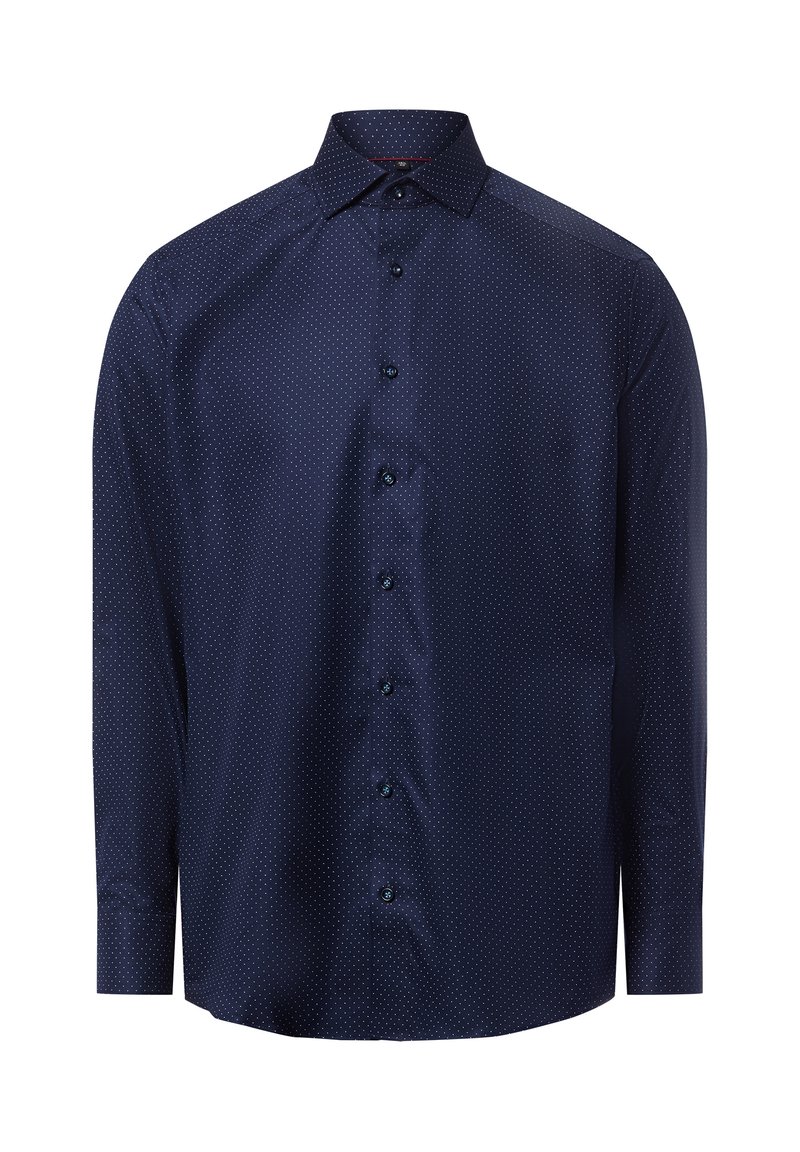 Camicia blu navy con bottoni, dalla texture liscia, caratterizzata da un delicato motivo a pois bianchi. Colletto classico e bottoni coordinati.