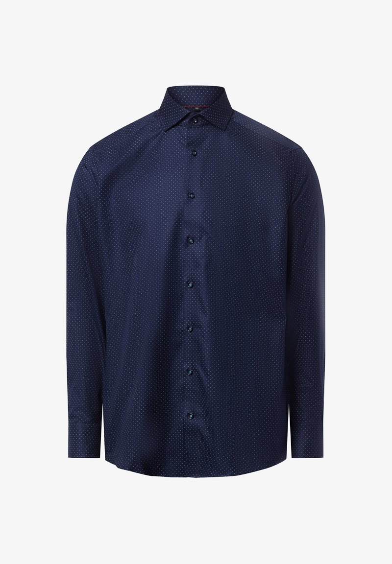Camicia blu navy con bottoni, dalla texture liscia, caratterizzata da un delicato motivo a pois bianchi. Colletto classico e bottoni coordinati.
