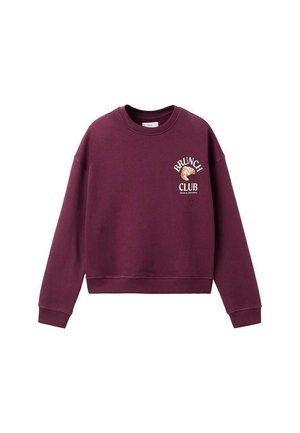Sweatshirt à col rond bordeaux avec manches longues, présentant le texte "BRUNCH CLUB" et un graphique de croissant sur la poitrine gauche.