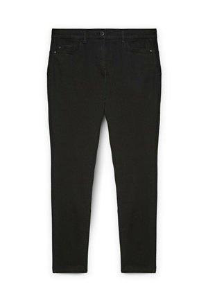 Jeans neri slim-fit con chiusura a bottone, passanti per cintura e tasche anteriori e posteriori, esposti piatti su uno sfondo bianco.