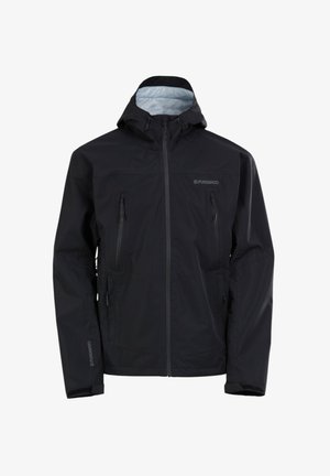 Schwarze wasserdichte Jacke mit Kapuze, vorderem Reißverschluss, zwei Brusttaschen und elastischen Bündchen. Glatte Textur mit leichtem Design.