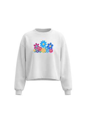 Hvid langærmet sweatshirt med farverige broderede blomster i pink, blå, gul og rød på brystet.