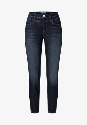 Donkerblauwe denim jeans met een getailleerde pasvorm, een vijf-pocket ontwerp en contrasterende stiksels. Heeft een knoop- en ritsluiting bij de taille.