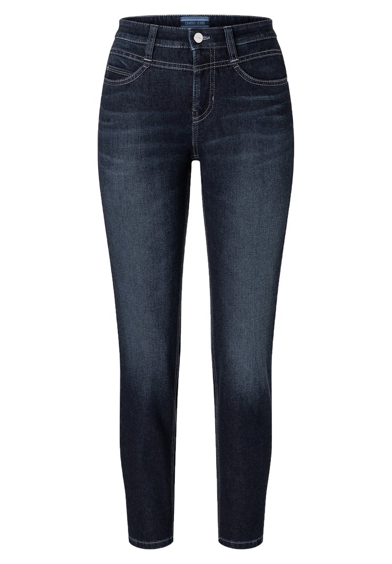 Mörkblå denimjeans med en figurnära passform, femfickorsdesign och kontrasterande sömmar. Har en knapp- och dragkedjestängning vid midjan.