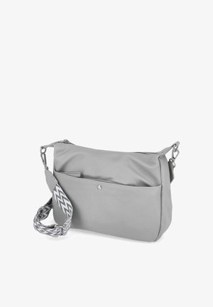 Light gray leather crossbody bag with front pocket, silver button, and adjustable zigzag patterned fabric strap.