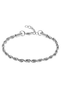 Bracelet en argent torsadé avec fermoir et chaîne ajustable. Surface lisse avec une finition brillante, mettant en valeur le design entrelacé.