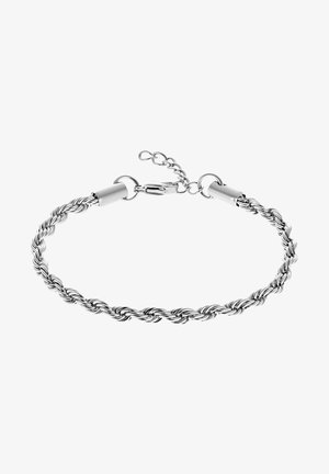 Sidabrinė suktinė virvė apyrankė su užsegimu ir reguliuojama grandinė. Lygus paviršius su blizgiu finišu, akcentuojantis tarpusavyje susipynusį dizainą.